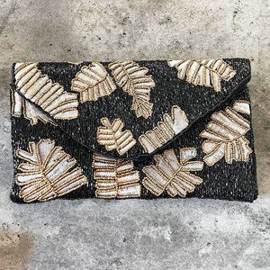 Black Gold Beaded Palm Leaf Bead Crossbody Chain Clutch Boho Handbag NEW